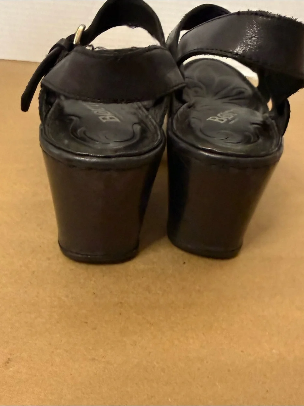 Born Black Leather T-Strap Wedge Sandals